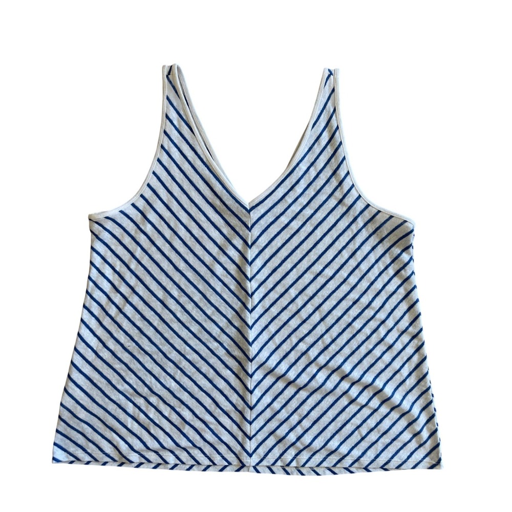 Loft Striped V-Neck Tank Top Blue White Linen Blend Metallic NWT Large Nautical